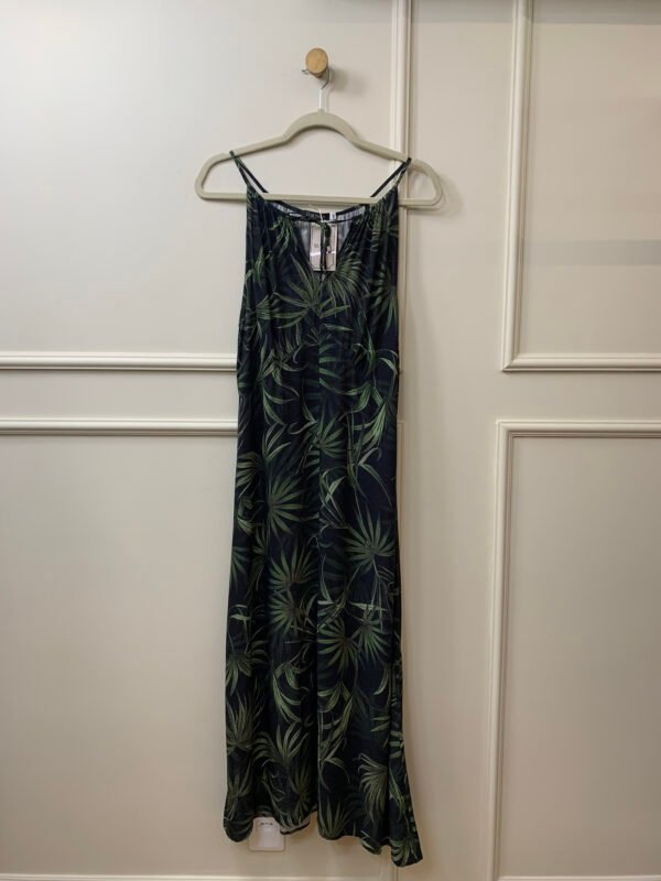 VESTIDO MIDI PRETO ESTAMPADO FOLHAS VERDES ROSA MIRANDA 40
