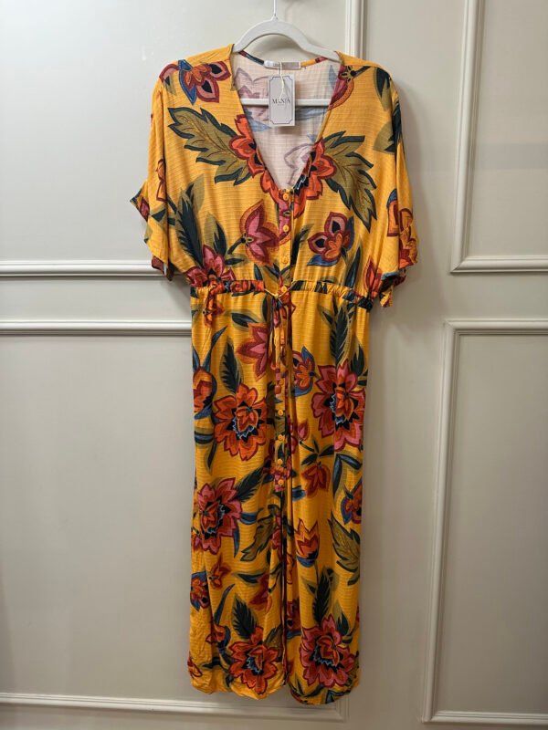 VESTIDO MOSTARDA LONGO ESTAMPADO BOTOES FRONTAIS LIRITTY M
